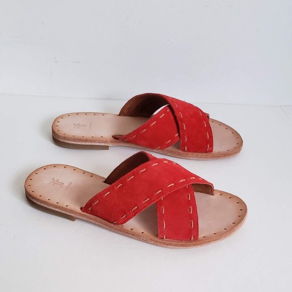 New FRYE Avery 5.5 - 6 Leather Suede Sandals Flat Slide Slip-on Contrast Stitch - Picture 11 of 13